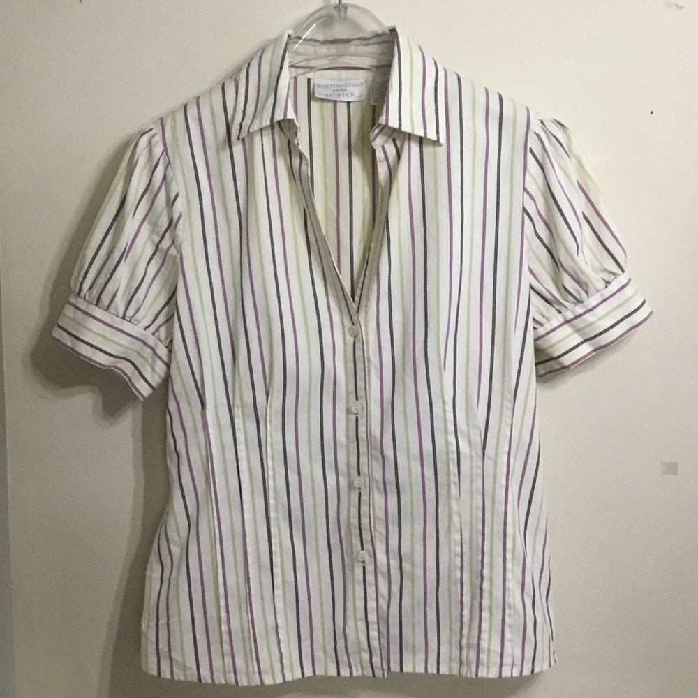 Worthington Petite Stretch Shirt with Purple and Green Stripes (12P) Y2K